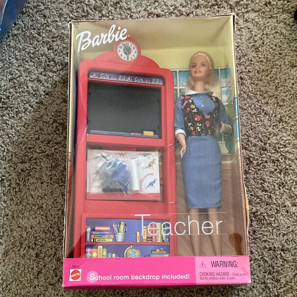 New Barbie Teacher Doll with Red Chalkboard and Blue Outfit